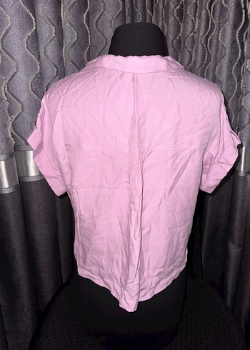 Düğmeli Kısa Pembe Keten Kadın Gömlek - Görsel 3