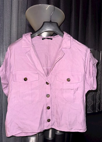 Düğmeli Kısa Pembe Keten Kadın Gömlek - Görsel 8