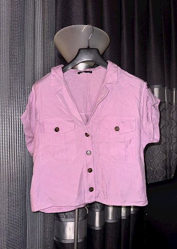 Düğmeli Kısa Pembe Keten Kadın Gömlek - Görsel 6