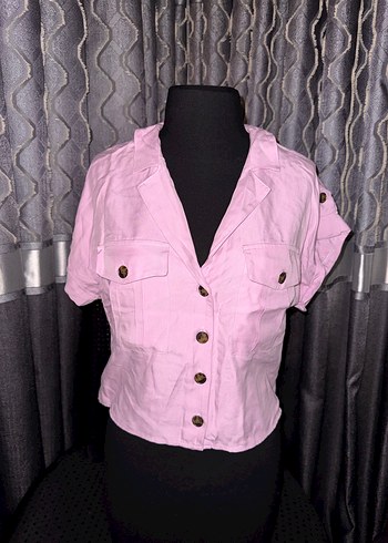 Düğmeli Kısa Pembe Keten Kadın Gömlek - Görsel 5