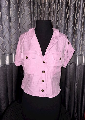 Düğmeli Kısa Pembe Keten Kadın Gömlek - Görsel 4