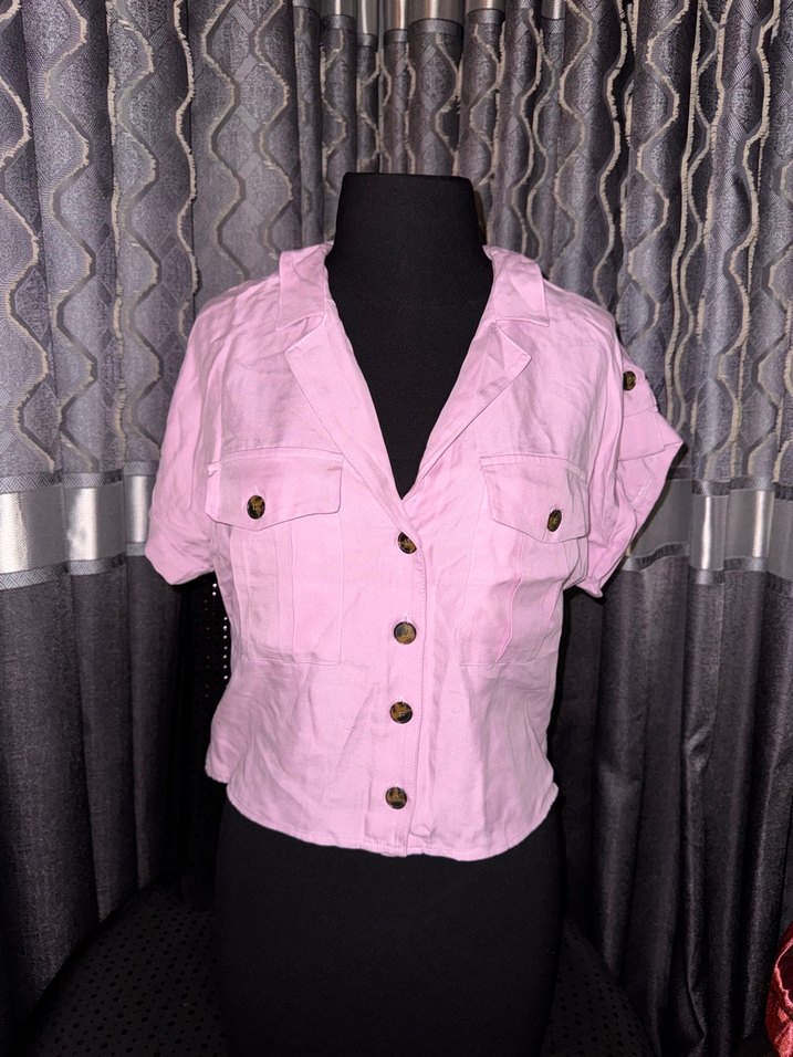Düğmeli Kısa Pembe Keten Kadın Gömlek - Görsel 4