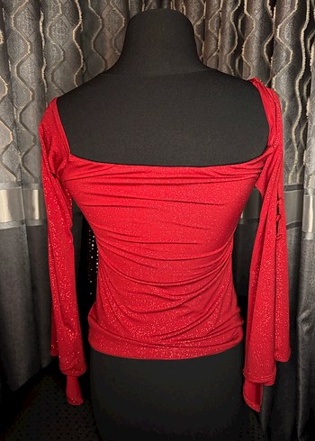 Kırmızı Drapeli Uzun Kollu Simli Mini Bluz - Görsel 4