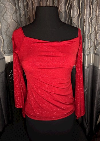 Kırmızı Drapeli Uzun Kollu Simli Mini Bluz - Görsel 3