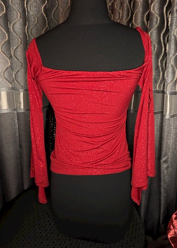 Kırmızı Drapeli Uzun Kollu Simli Mini Bluz - Görsel 5