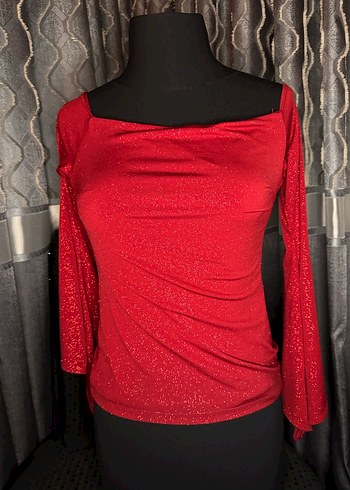 Kırmızı Drapeli Uzun Kollu Simli Mini Bluz - Görsel 2