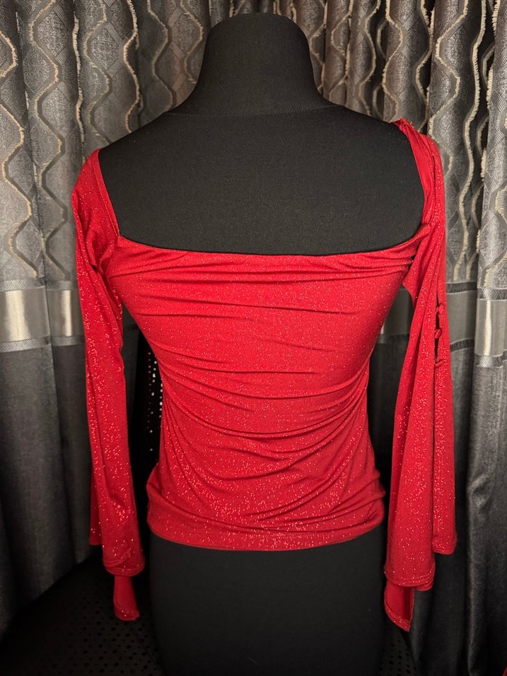 Kırmızı Drapeli Uzun Kollu Simli Mini Bluz - Görsel 4