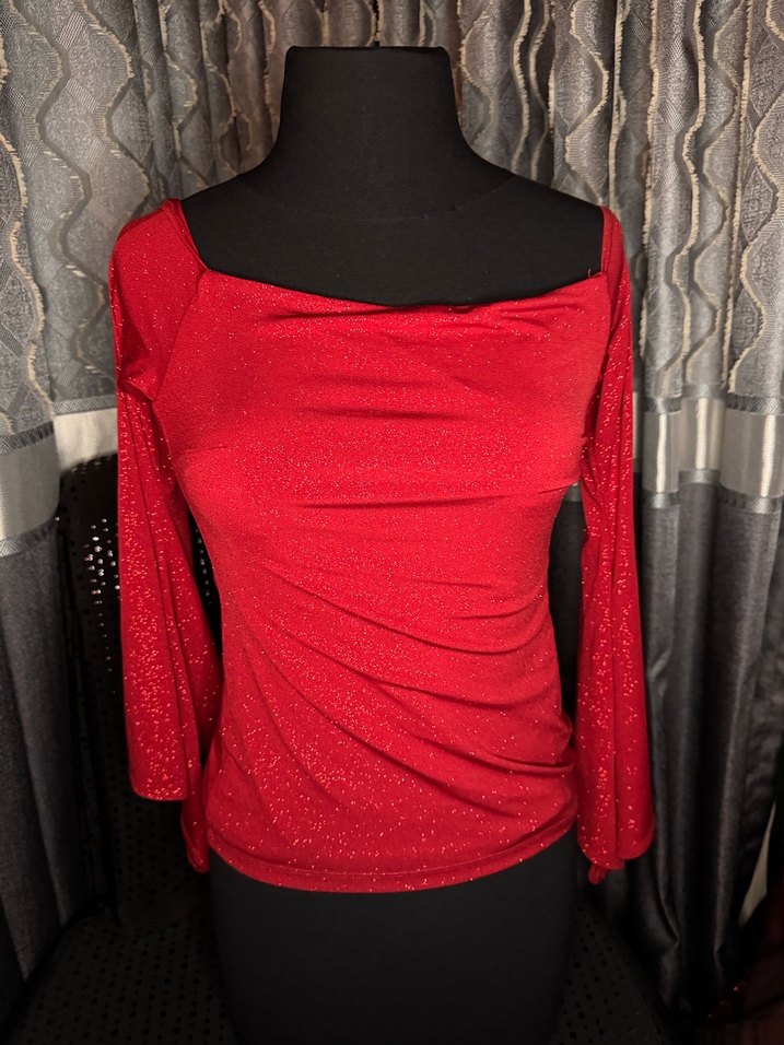Kırmızı Drapeli Uzun Kollu Simli Mini Bluz - Görsel 3
