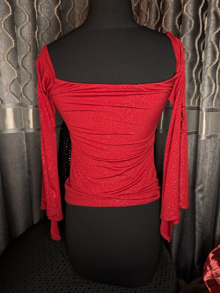 Kırmızı Drapeli Uzun Kollu Simli Mini Bluz - Görsel 5