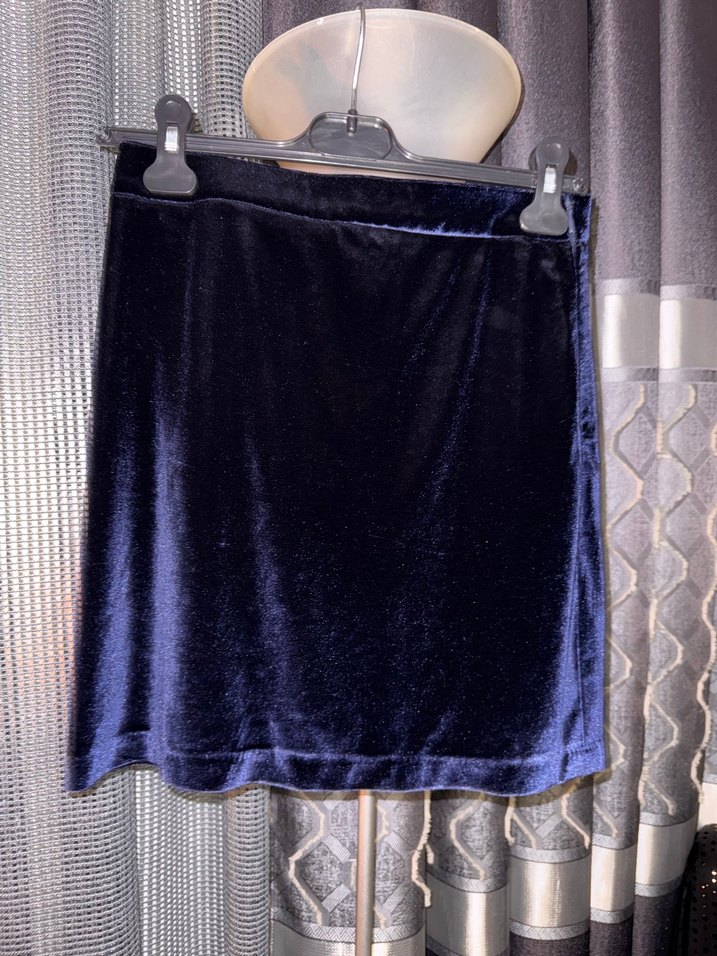 Drapeli Lacivert kadife Mini Etek - Görsel 3