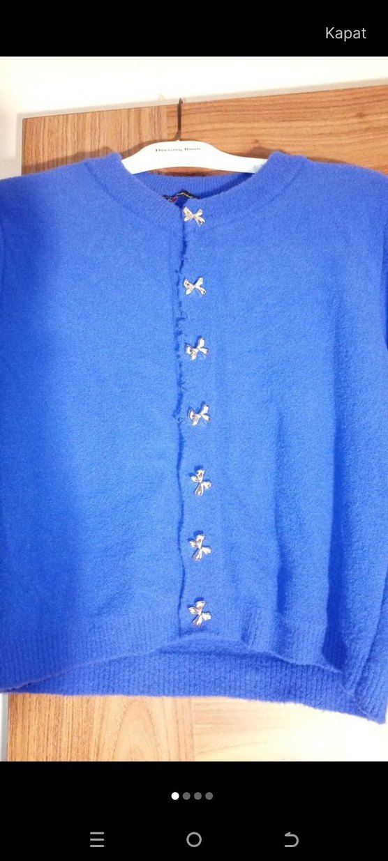 Düğmeli Mavi Kadın Triko Hırka - Görsel 2