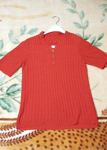 Kısa Kollu Kırmızı Örgü Kadın Kazak - Görsel 2