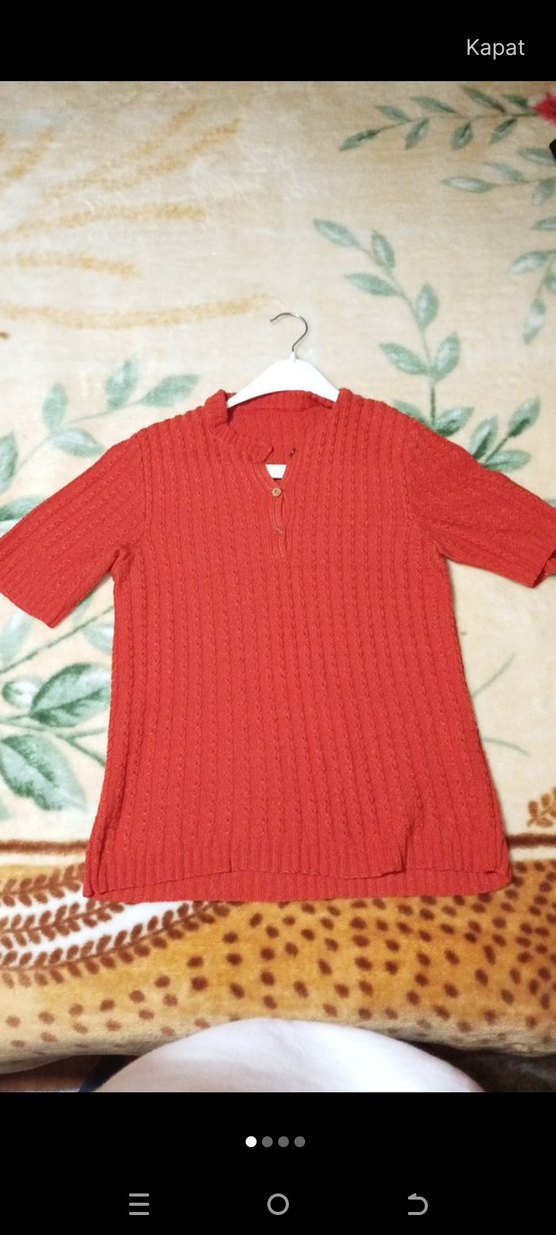 Kısa Kollu Kırmızı Örgü Kadın Kazak - Görsel 2