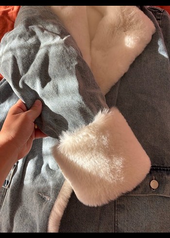 Gri Kadın Kot Ceket, Kürklü, Rahat Kesim - Görsel 3