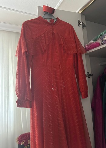 Uzun Kollu kiremit rengi abiye - Görsel 3
