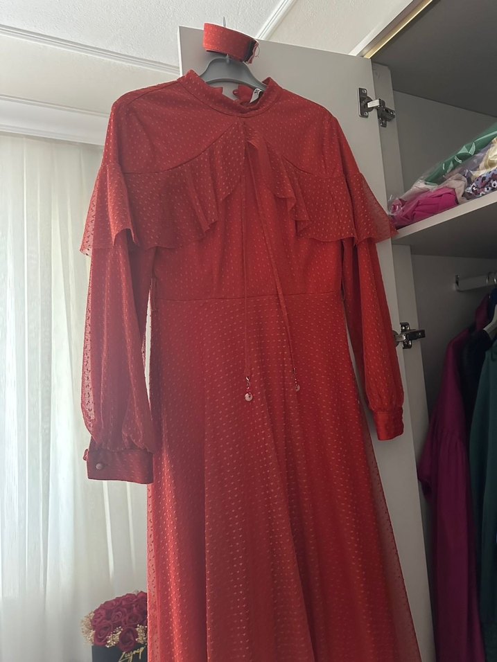 Uzun Kollu kiremit rengi abiye - Görsel 3