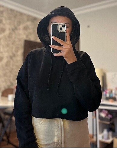 s Beden siyah Renk Trendyol pamuklu crop oversize kapüşonlu sweatshirt