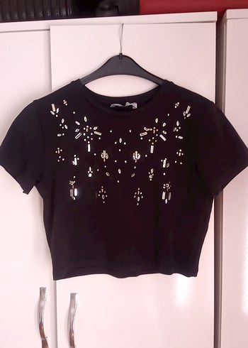 Siyah Payetli Kısa Kollu Crop Top