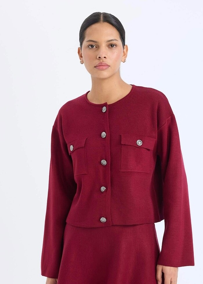 Bordo düğmeli hırka - Görsel 2