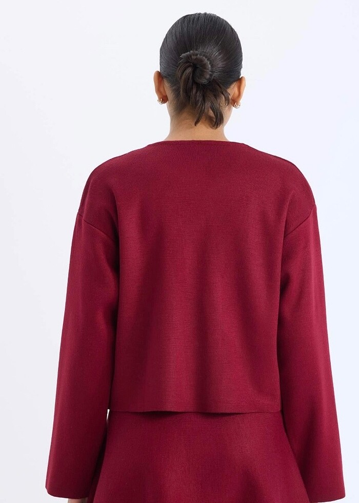 Bordo düğmeli hırka - Görsel 4