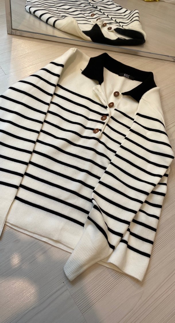 Düğmeli Uzun Kollu Çizgili Kadın Kazak - Görsel 4