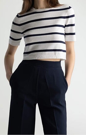 Fitted Bisiklet Yaka Lacivert Çizgili Kısa Kollu Triko Tshirt - Görsel 7