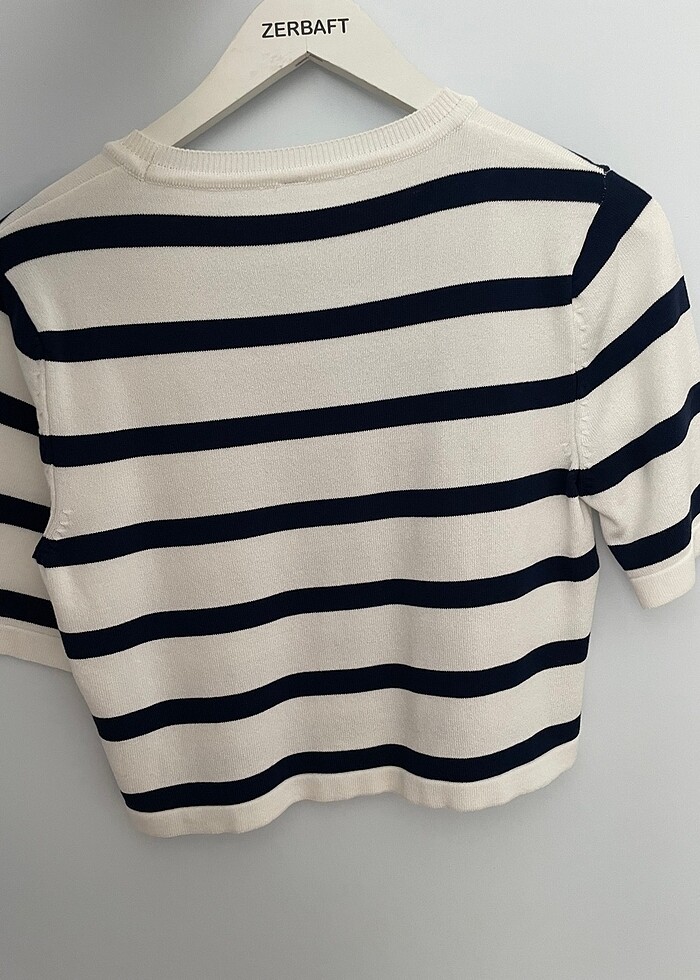 Fitted Bisiklet Yaka Lacivert Çizgili Kısa Kollu Triko Tshirt - Görsel 2