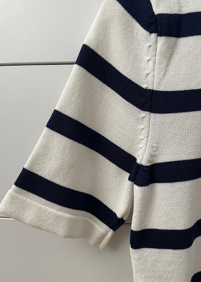 Fitted Bisiklet Yaka Lacivert Çizgili Kısa Kollu Triko Tshirt - Görsel 4