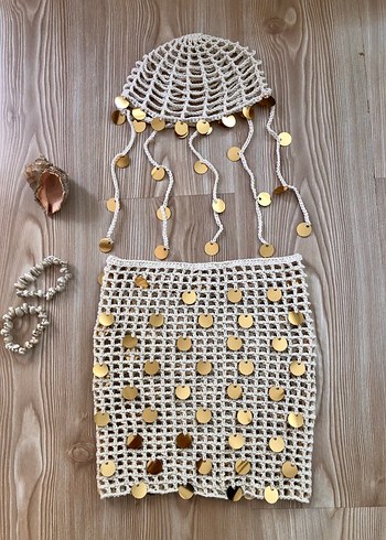 Gold pullu örgü file pareo- plaj eteği ve bere - Görsel 3