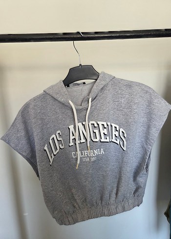 Diğer Gri Kapüşonlu Kısa Kollu Kadın Sweatshirt