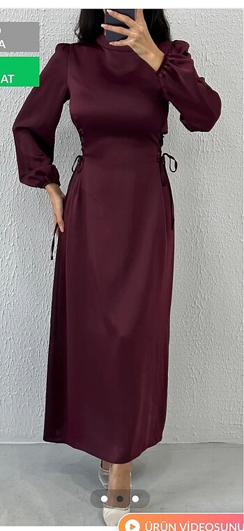 Leyuze butik bordo saten yandan bağlamalı tesettür elbise