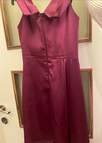 Bordo Drapeli V Yakalı Midi Abiye Elbise - Görsel 5