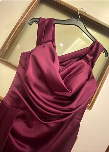 Bordo Drapeli V Yakalı Midi Abiye Elbise - Görsel 3