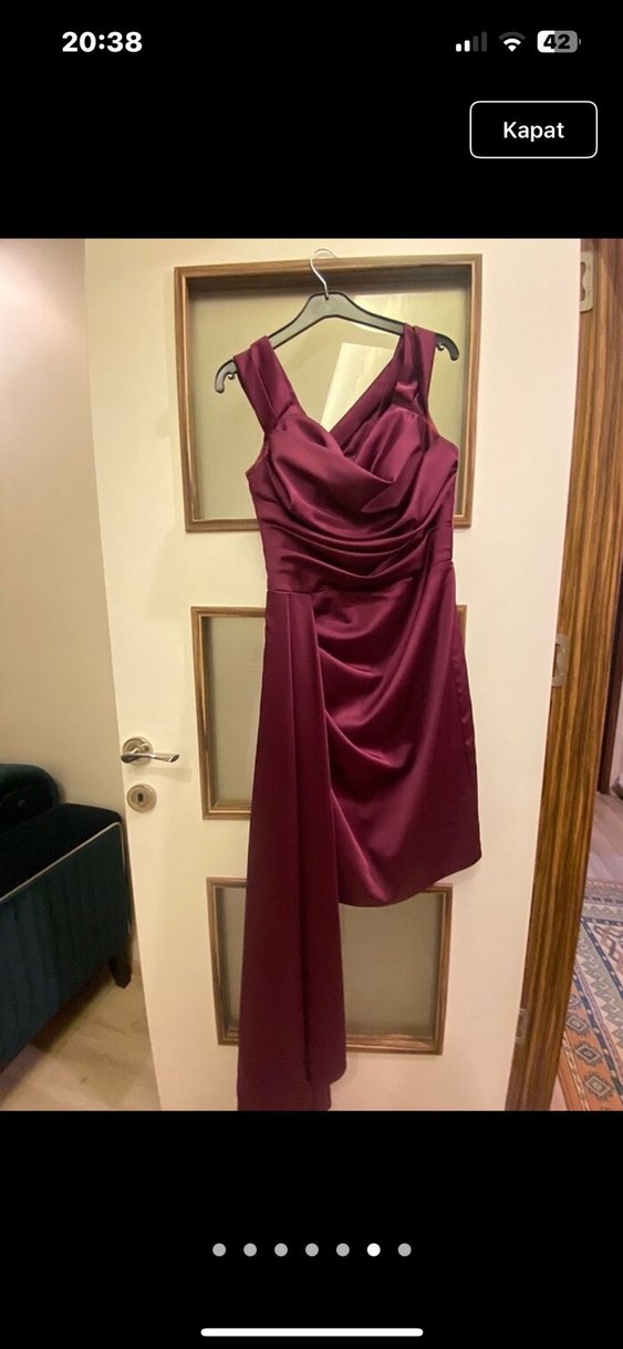 Bordo Drapeli V Yakalı Midi Abiye Elbise - Görsel 2