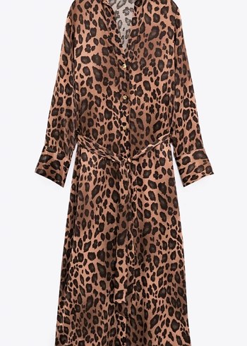 Zara Leopar Desenli Kahverengi Uzun Elbise