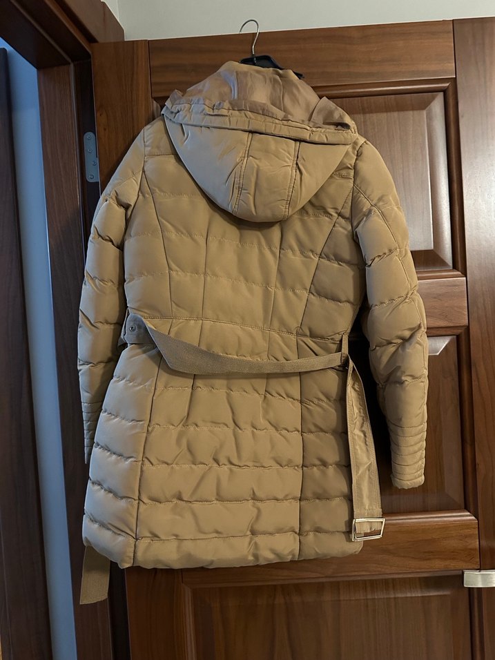 Bej Midi Kadın Mont Fermuarlı Cepli - Görsel 2