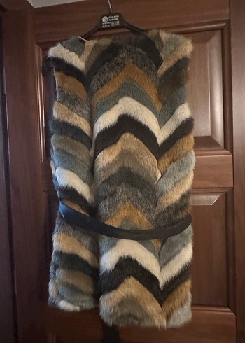 Kahverengi Zebra Desenli Kürklü Uzun Yelek - Görsel 3