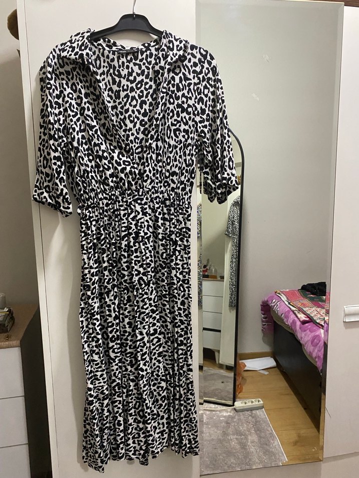 Gri Zebra Desenli Uzun Kadın Elbise - Görsel 2