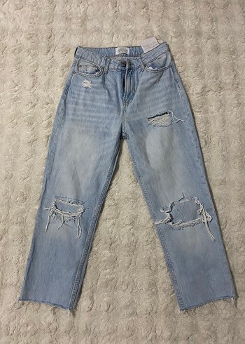Bershka Rahat Kesim Bağcıklı Mavi Denim Pantolon