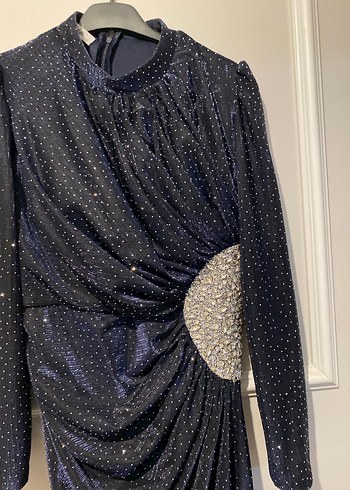 Lacivert Desenli Drapeli Uzun Abiye Elbise - Görsel 2