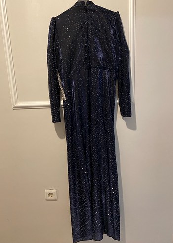 Lacivert Desenli Drapeli Uzun Abiye Elbise - Görsel 4