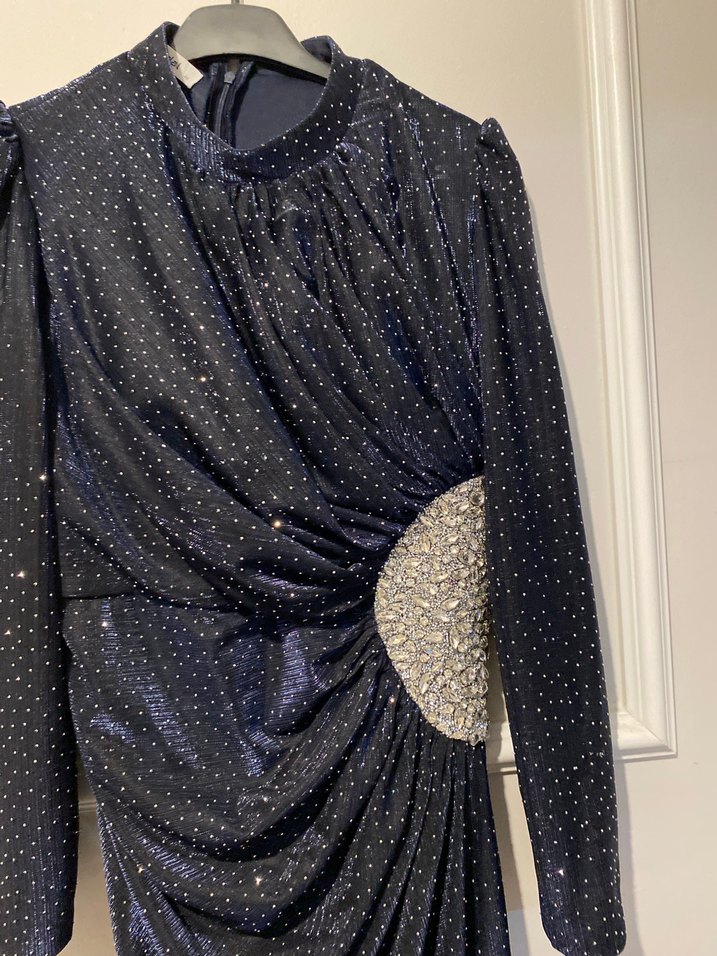 Lacivert Desenli Drapeli Uzun Abiye Elbise - Görsel 2