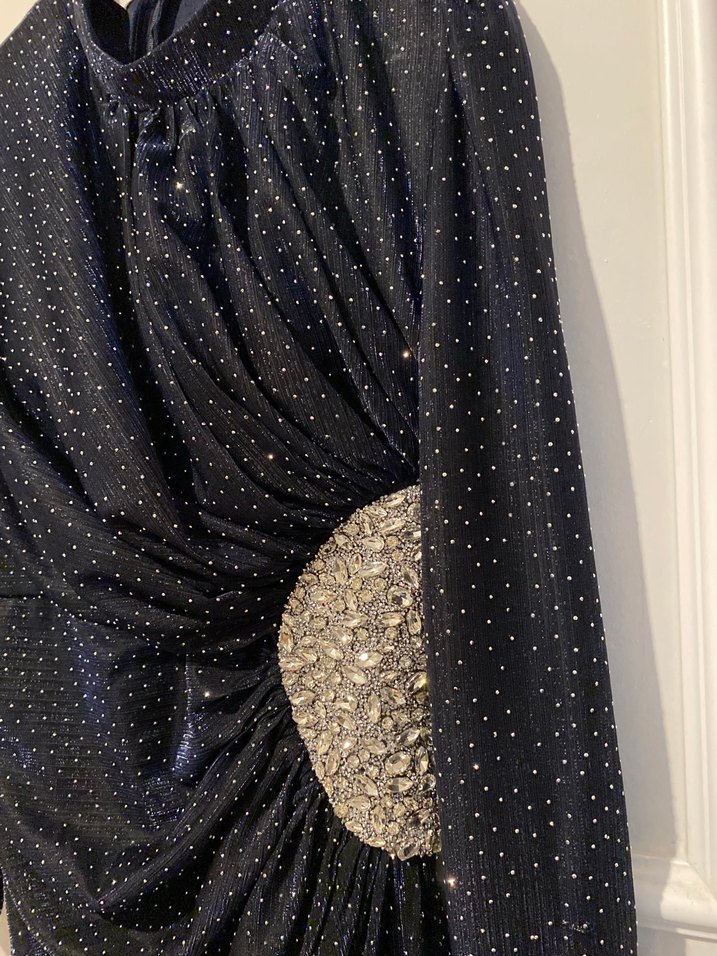 Lacivert Desenli Drapeli Uzun Abiye Elbise - Görsel 3