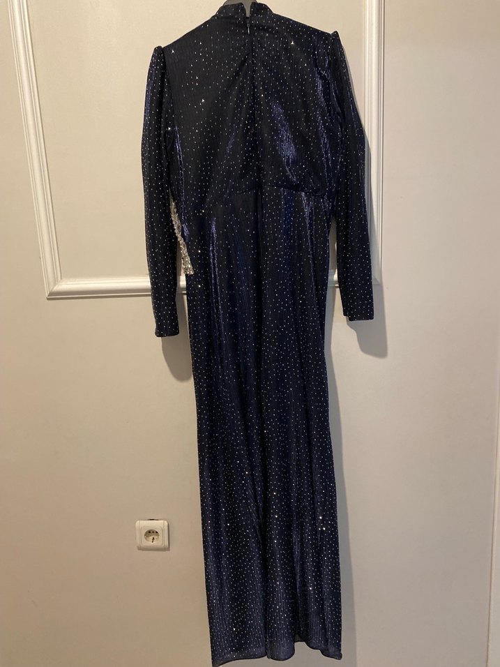 Lacivert Desenli Drapeli Uzun Abiye Elbise - Görsel 4