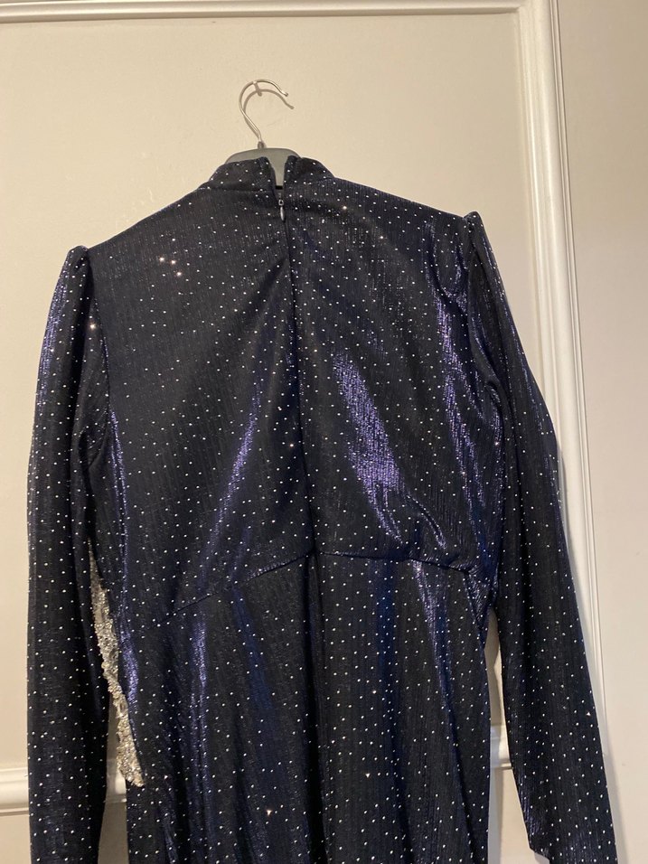 Lacivert Desenli Drapeli Uzun Abiye Elbise - Görsel 5