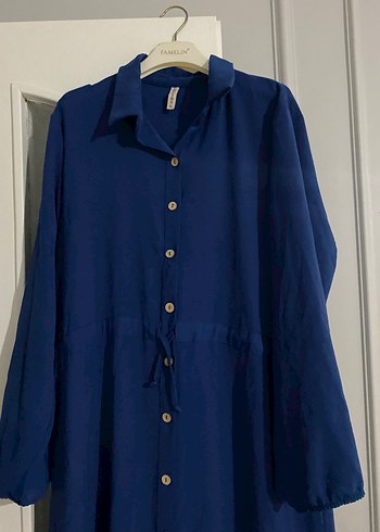 Lacivert Uzun Keten Gömlek Elbise - Görsel 2