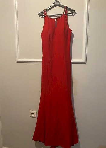 Klasik Kırmızı V Yakalı Uzun Abiye Elbise - Görsel 2