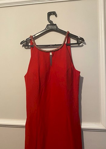 Klasik Kırmızı V Yakalı Uzun Abiye Elbise - Görsel 3