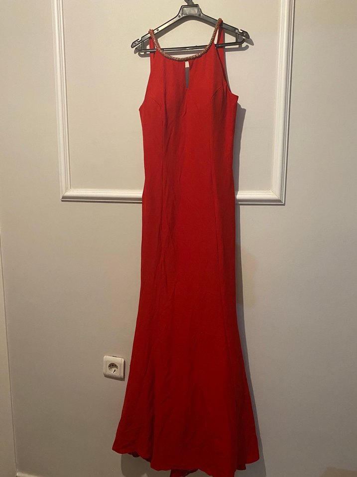 Klasik Kırmızı V Yakalı Uzun Abiye Elbise - Görsel 2