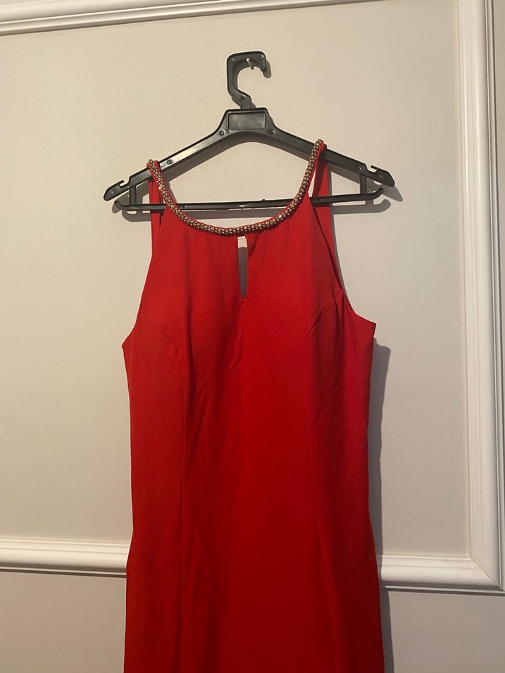 Klasik Kırmızı V Yakalı Uzun Abiye Elbise - Görsel 3